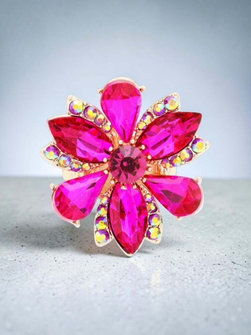 Fuchsia Marquise Flower Glass Stone Stretch Cocktail Ring
